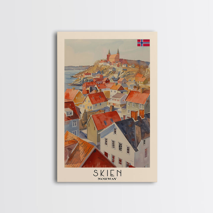 Skien Norway Travel Poster Framed Canvas Print, Watercolor Painting, Scenic Wall Art, Home Decor, Norwegian Landscape, Vibrant Art