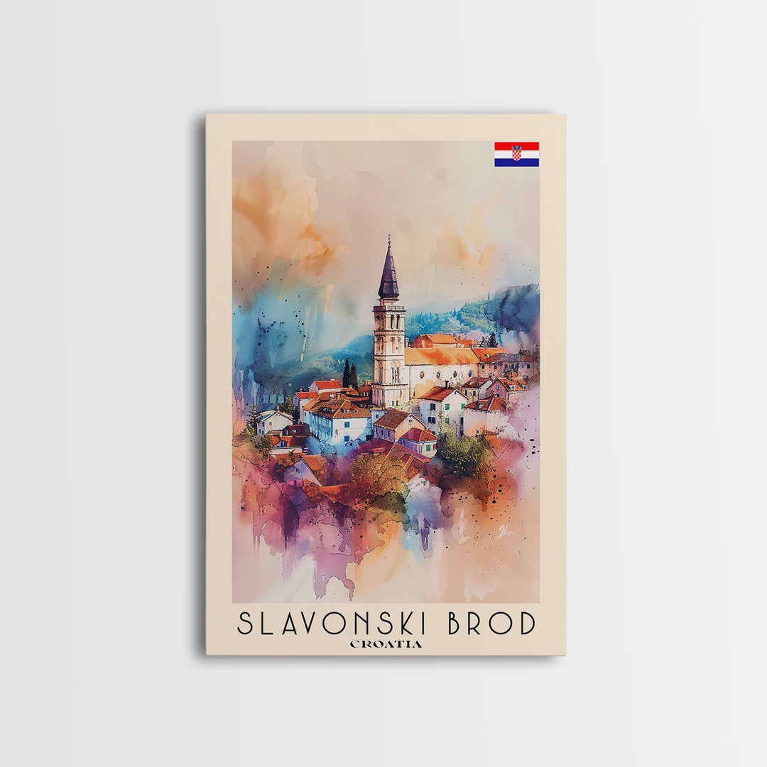 Slavonski Brod Croatia Travel Poster Framed Canvas Print, Watercolor Painting, Scenic Wall Art, Home Decor, Croatian Cityscape, Classic Art