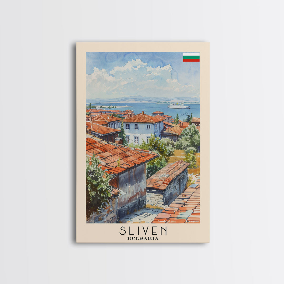 Sliven Bulgaria Travel Poster Framed Canvas Print, Watercolor Painting, Scenic Wall Art, Home Decor, Bulgarian Landscape, Artistic Decor