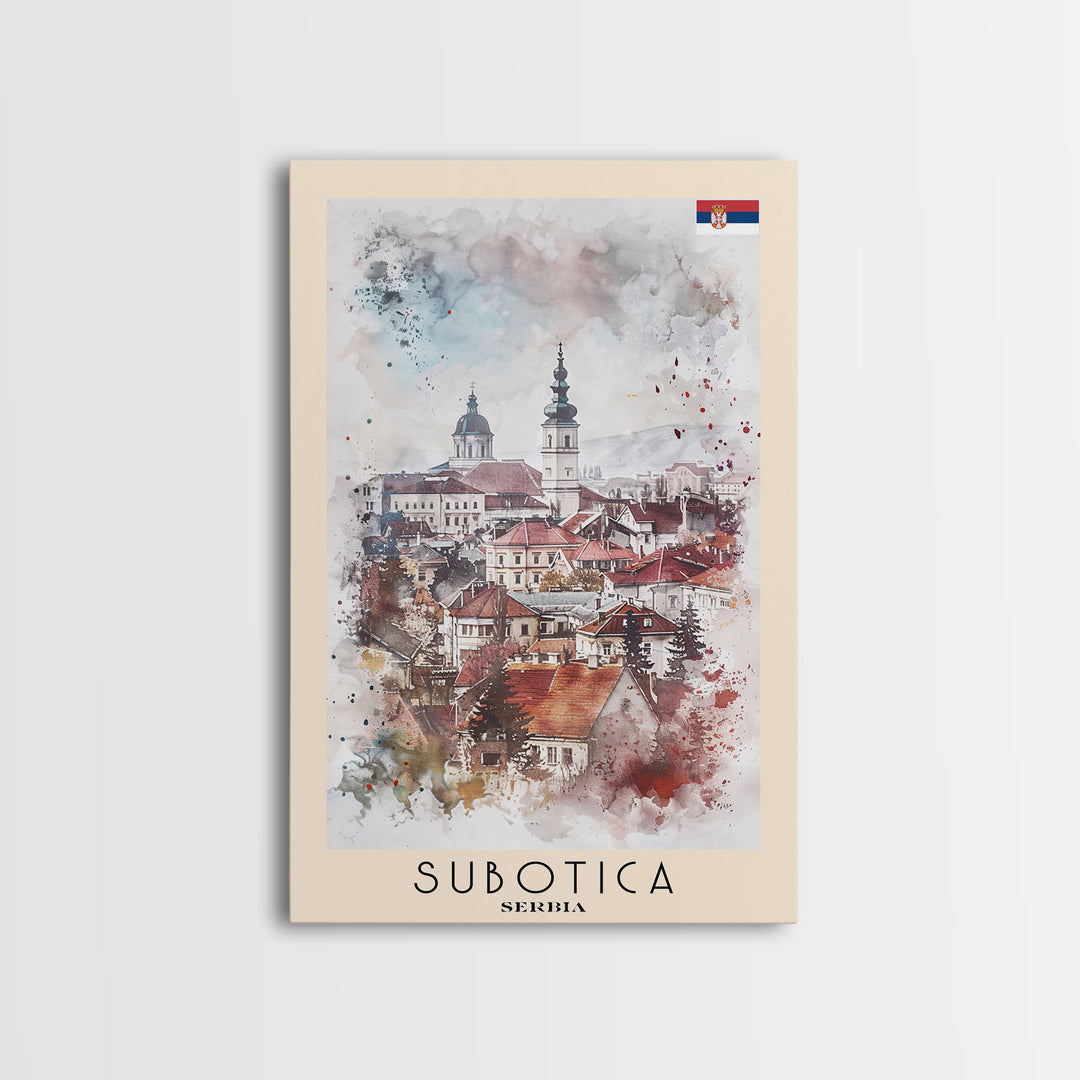 Subotica Serbia Travel Poster Framed Canvas Print, Watercolor Painting, Scenic Wall Art, Home Decor, Serbian Landscape, Vibrant Decor