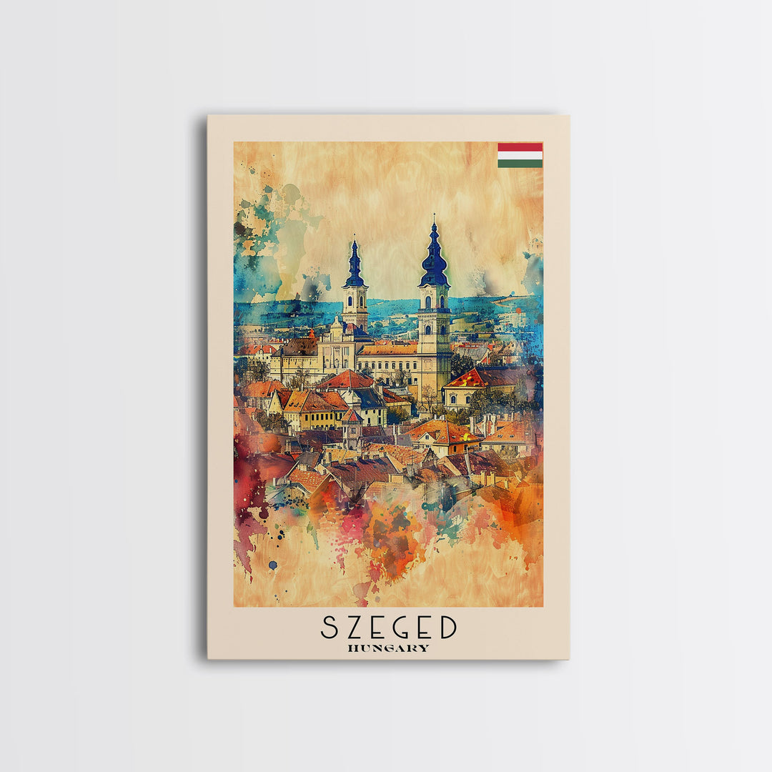 Szeged Hungary Travel Poster Framed Canvas Print, Watercolor Painting, Scenic Wall Art, Home Decor, Hungarian Cityscape, Vibrant Art