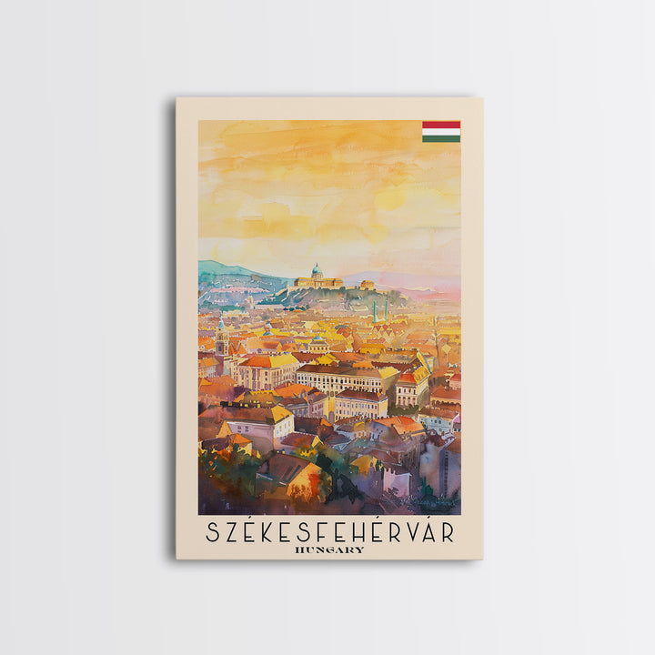 Szkesfehrvar Hungary Travel Poster Framed Canvas Print, Watercolor Painting, Scenic Wall Art, Home Decor, Hungarian Architecture, Artistic Decor