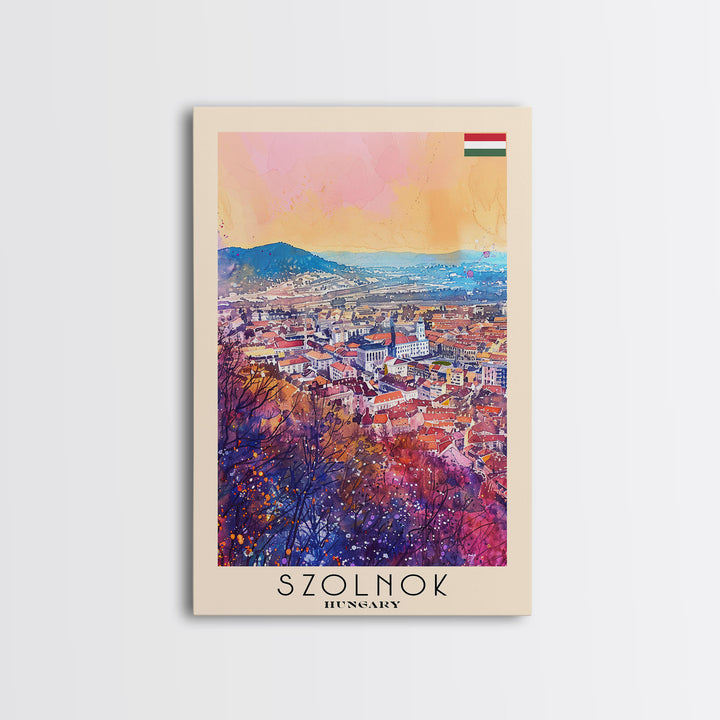Szolnok Hungary Travel Poster Framed Canvas Print, Watercolor Painting, Scenic Wall Art, Home Decor, Hungarian Landscape, Traditional Art