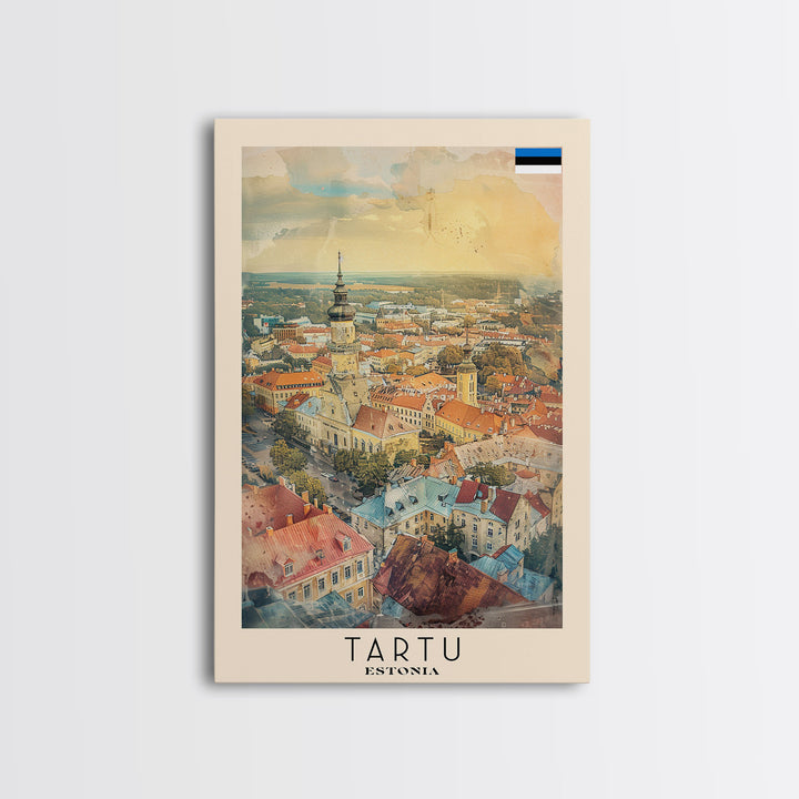 Tartu Estonia Travel Poster Framed Canvas Print, Watercolor Painting, Scenic Wall Art, Home Decor, Estonian Cityscape, Modern Decor