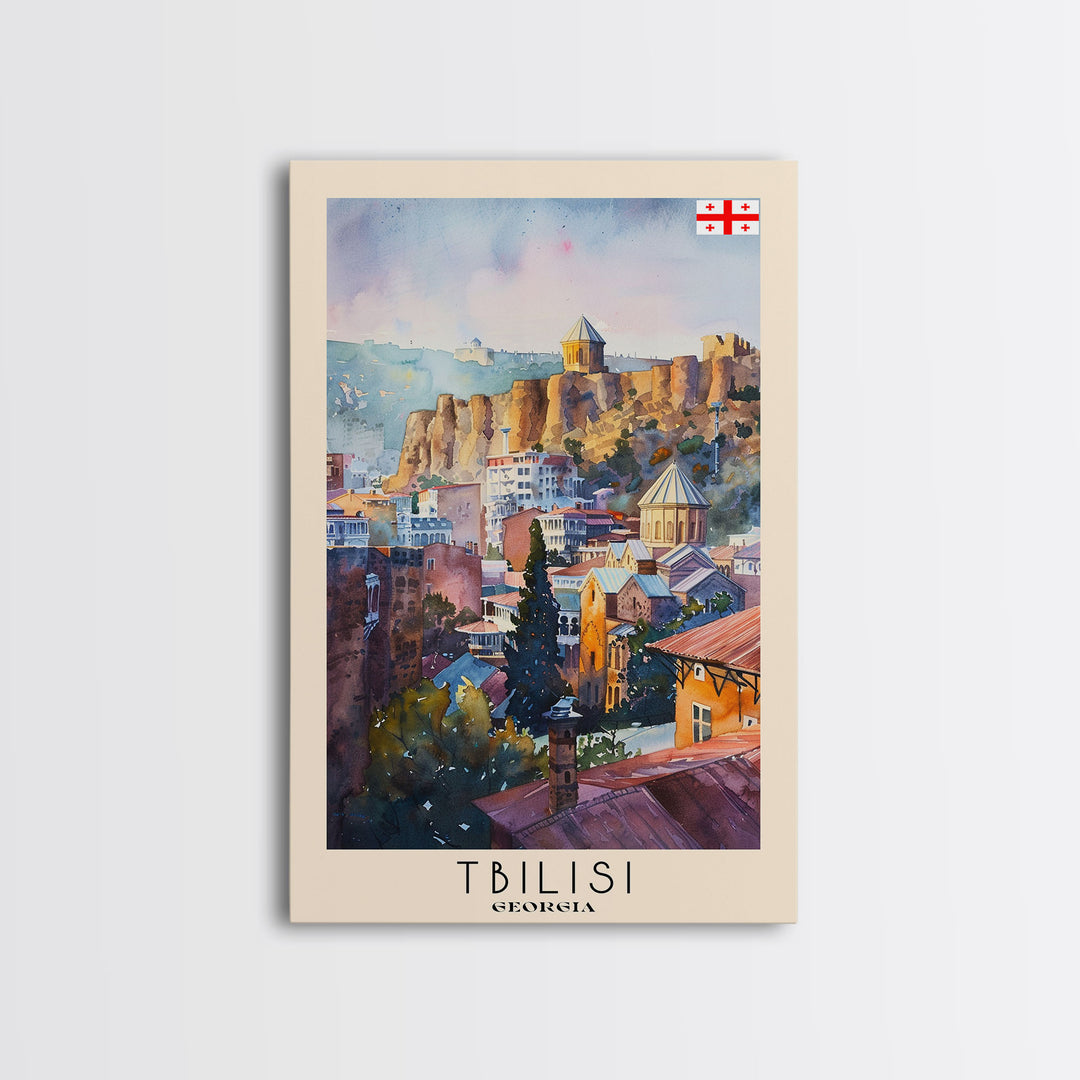 Tbilisi Georgia Travel Poster Framed Canvas Print, Watercolor Painting, Urban Wall Art, Home Decor, Georgian Cityscape, Artistic Decor