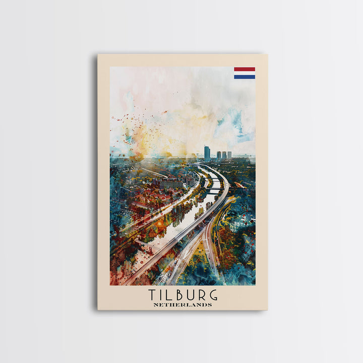 Tilburg Netherlands Travel Poster Framed Canvas Print, Watercolor Painting, Urban Wall Art, Home Decor, Dutch Cityscape, Trendy Decor