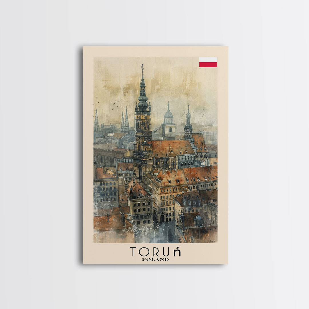 Torun Poland Travel Poster Framed Canvas Print, Watercolor Painting, Historic Wall Art, Home Decor, Polish Cityscape, Medieval Art