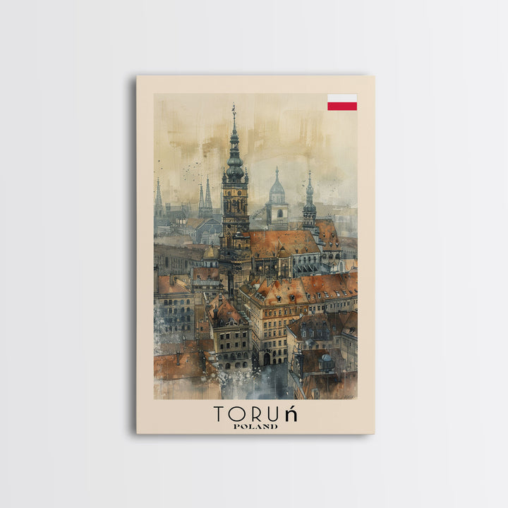 Torun Poland Travel Poster Framed Canvas Print, Watercolor Painting, Historic Wall Art, Home Decor, Polish Cityscape, Medieval Art