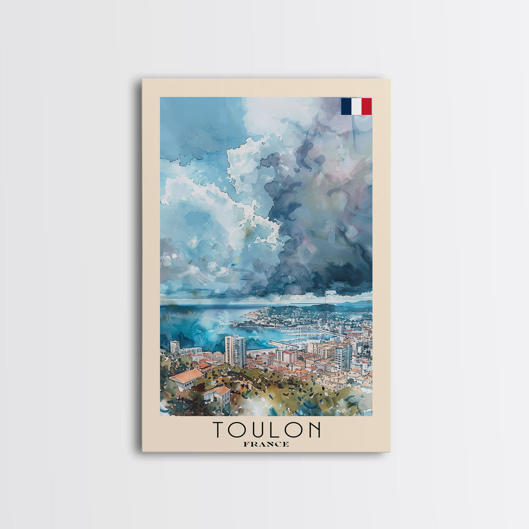 Toulon France Travel Poster Framed Canvas Print, Watercolor Painting, Coastal Wall Art, Home Decor, French Seaside, Nautical Decor