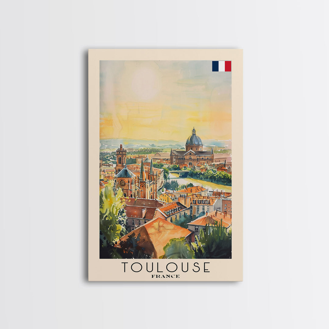 Toulouse France Travel Poster Framed Canvas Print, Watercolor Painting, Urban Wall Art, Home Decor, French Architecture, Stylish Decor