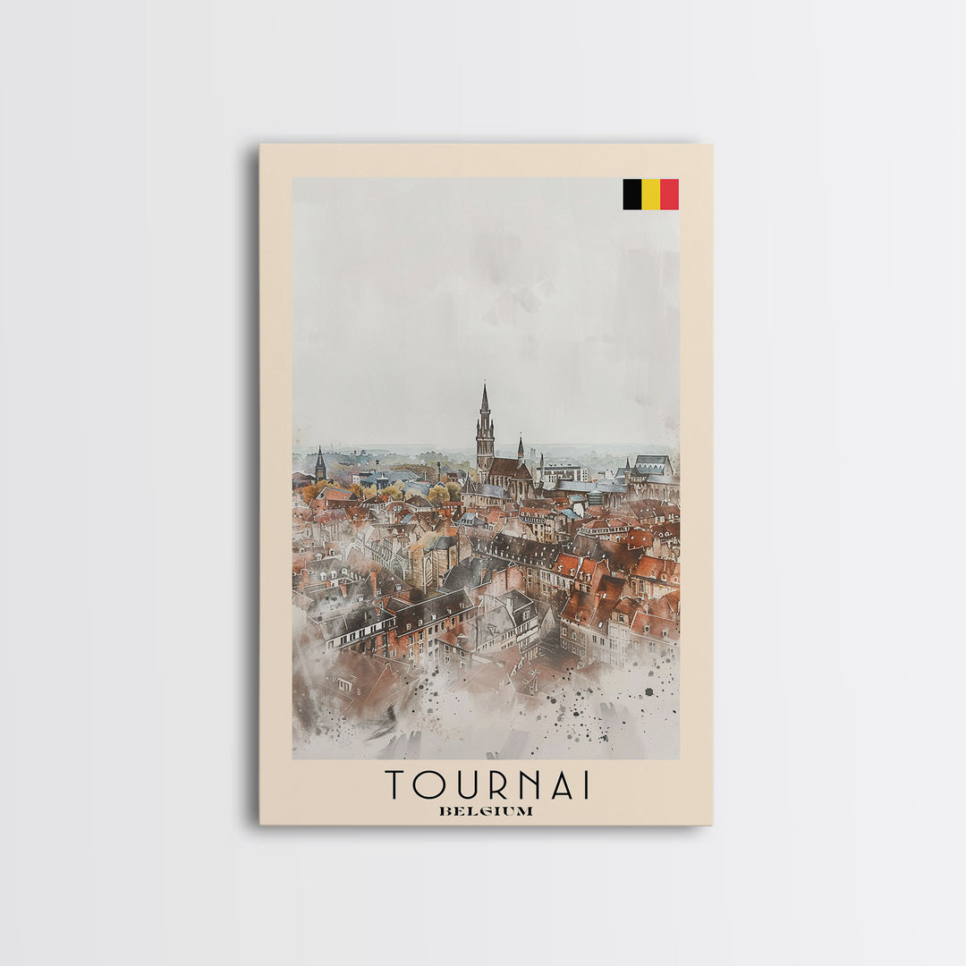 Tournai Belgium Travel Poster Framed Canvas Print, Watercolor Painting, Historic Wall Art, Home Decor, Belgian Cityscape, Heritage Art