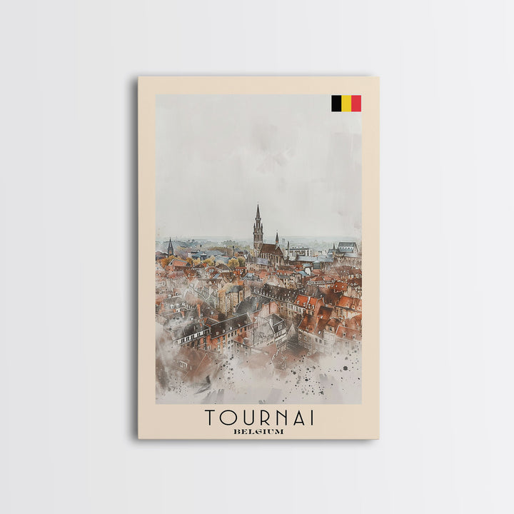Tournai Belgium Travel Poster Framed Canvas Print, Watercolor Painting, Historic Wall Art, Home Decor, Belgian Cityscape, Heritage Art