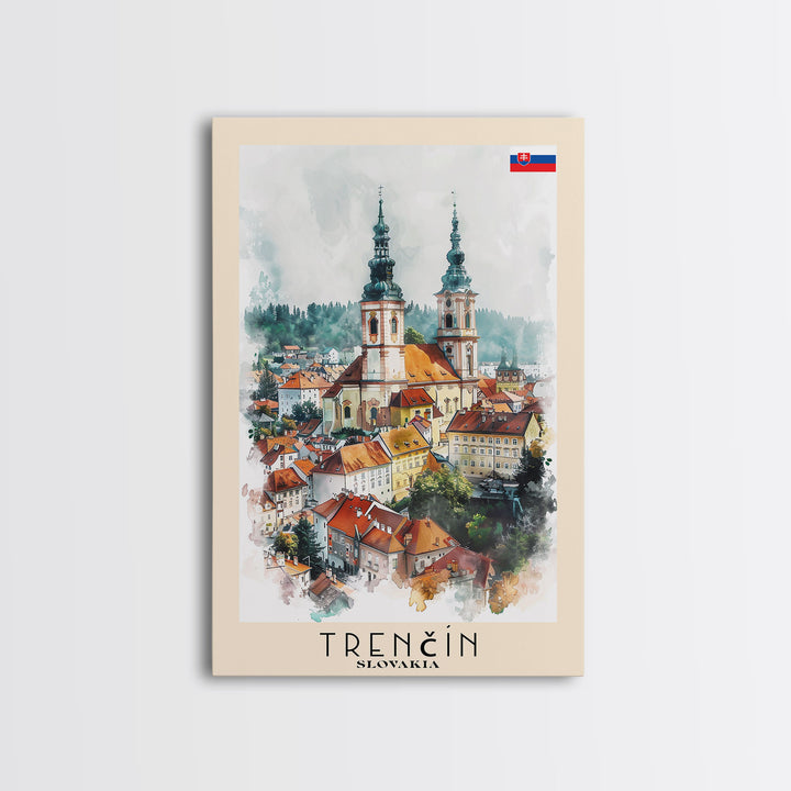 Trencin Slovakia Travel Poster Framed Canvas Print, Watercolor Painting, Scenic Wall Art, Home Decor, Slovakian Landscape, Alpine Decor