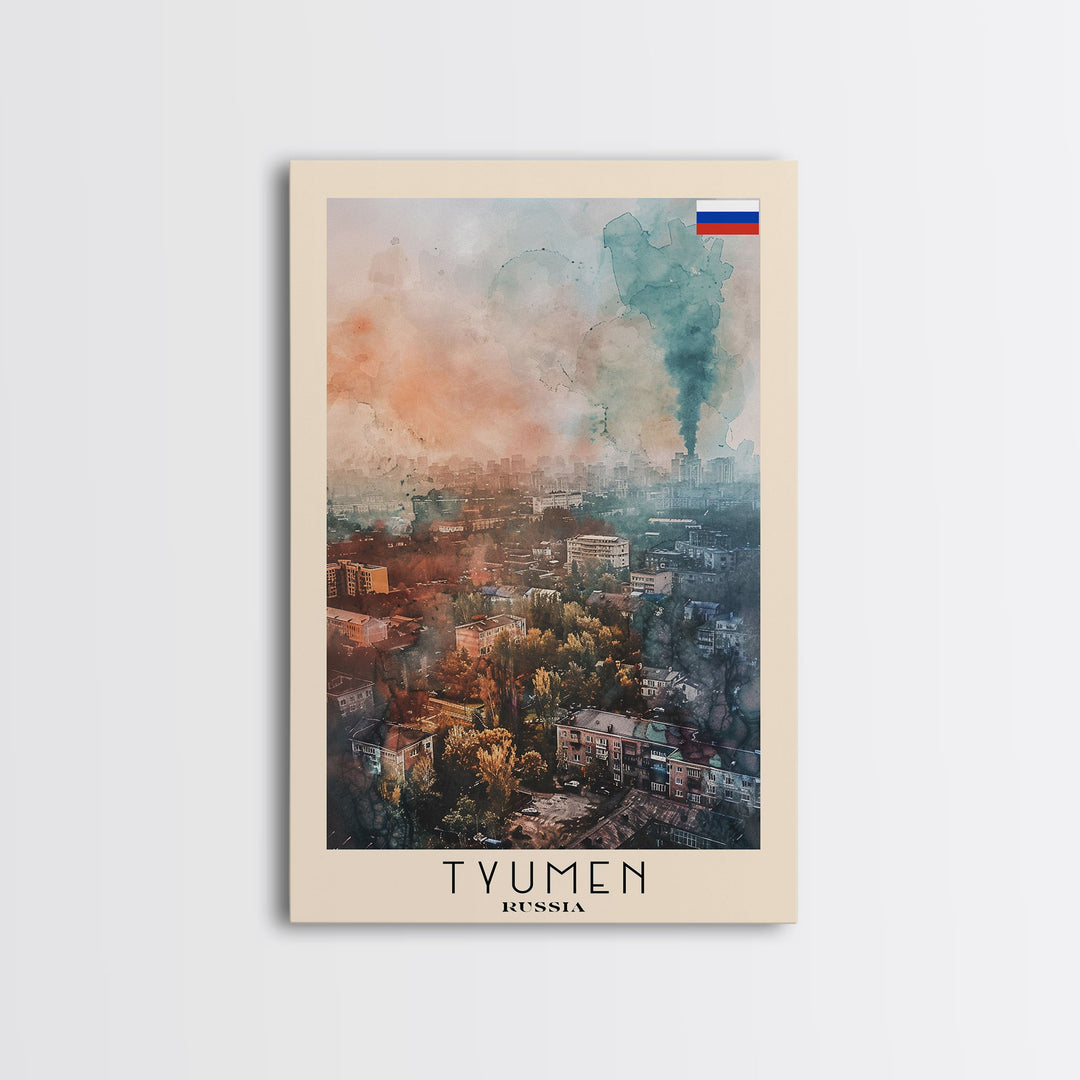 Tyumen Russia Travel Poster Framed Canvas Print, Watercolor Painting, Urban Wall Art, Home Decor, Russian Cityscape, Classic Art