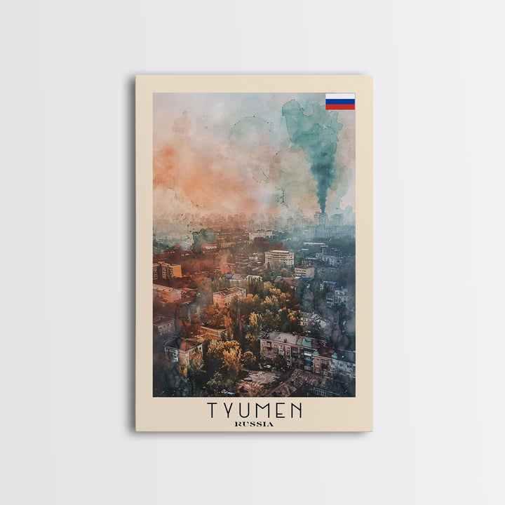 Tyumen Russia Travel Poster Framed Canvas Print, Watercolor Painting, Urban Wall Art, Home Decor, Russian Cityscape, Classic Art