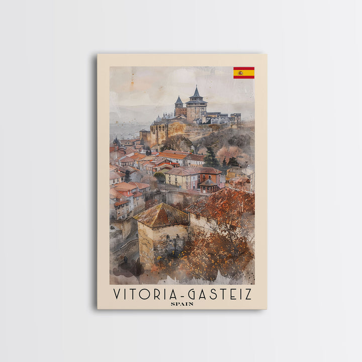 Vitoria Gasteiz Spain Travel Poster Framed Canvas Print, Watercolor Painting, Urban Wall Art, Home Decor, Spanish Cityscape, Trendy Art