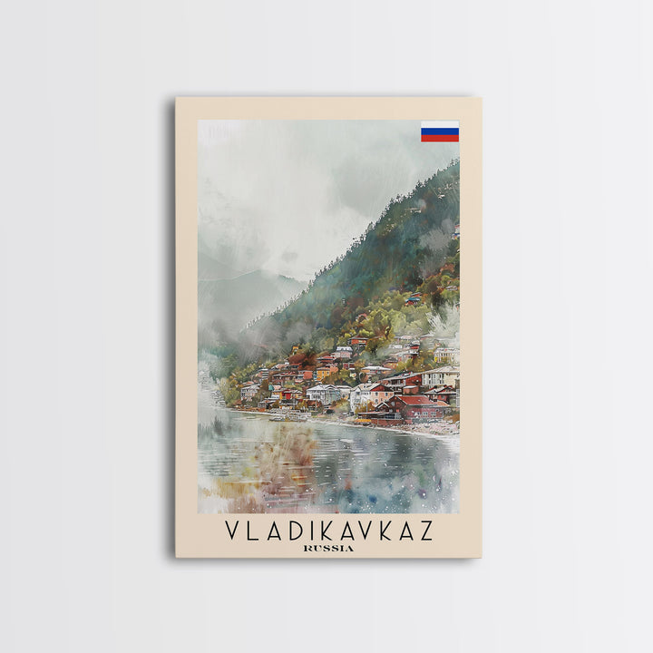 Vladikavkaz Russia Travel Poster Framed Canvas Print, Watercolor Painting, Scenic Wall Art, Home Decor, Russian Landscape, Vibrant Decor