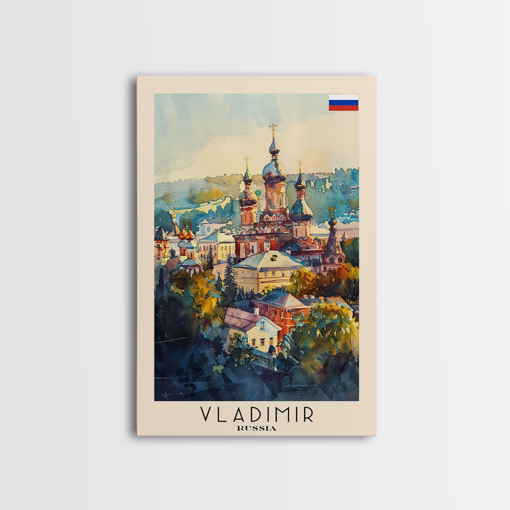 Vladimir Russia Travel Poster Framed Canvas Print, Watercolor Painting, Historic Wall Art, Home Decor, Russian Architecture, Classic Decor