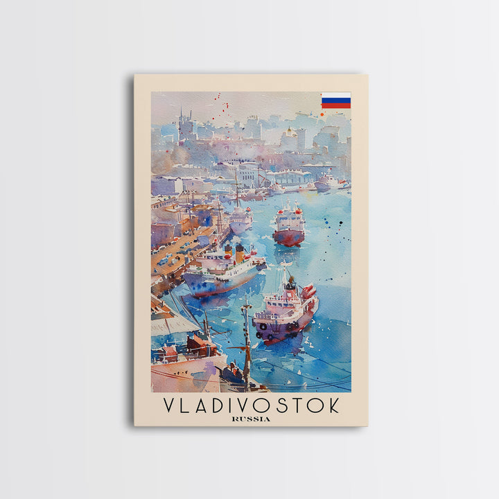 Vladivostok Russia Travel Poster Framed Canvas Print, Watercolor Painting, Coastal Wall Art, Home Decor, Russian Seaside, Nautical Art