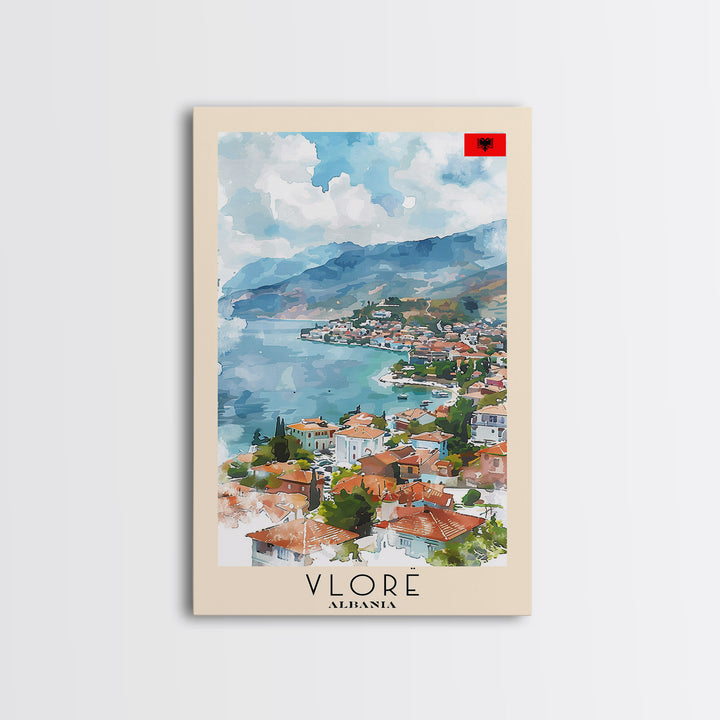 Vlor Albania Travel Poster Framed Canvas Print, Watercolor Painting, Scenic Wall Art, Home Decor, Albanian Landscape, Exotic Decor