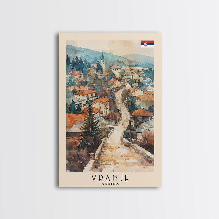 Vranje Serbia Travel Poster Framed Canvas Print, Watercolor Painting, Scenic Wall Art, Home Decor, Serbian Landscape, Traditional Art