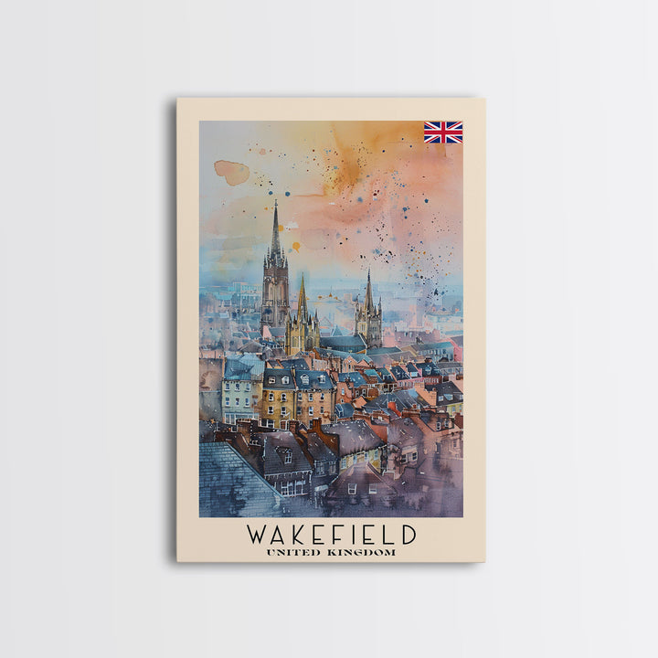 Wakefield United Kingdom Travel Poster Framed Canvas Print, Watercolor Painting, Urban Wall Art, Home Decor, British Cityscape, Elegant Decor