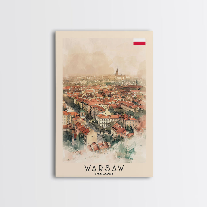 Warsaw Poland Travel Poster Framed Canvas Print, Watercolor Painting, Historic Wall Art, Home Decor, Polish Cityscape, Unique Gift Idea
