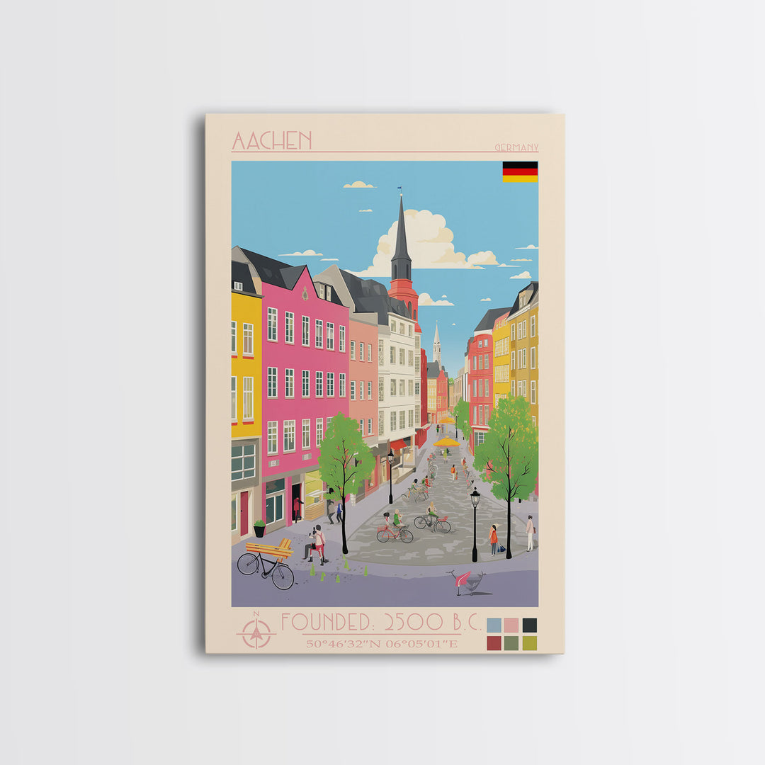 Aachen Germany Travel Poster Framed Canvas Print, Midcentury Modern Wall Art, Pop Art Home Decor, Vacation Gift, Living Room Art, Architectural Print
