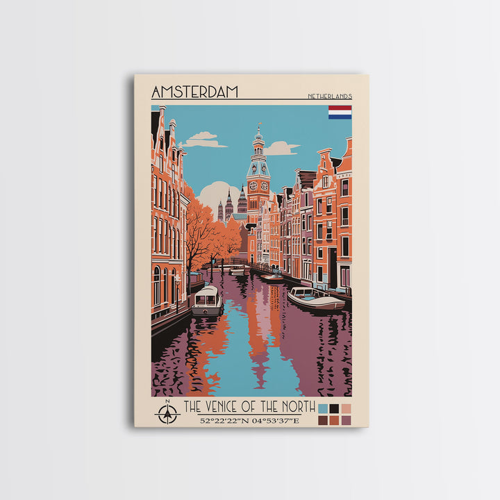 Amsterdam Netherlands Travel Poster Framed Canvas Print, Midcentury Modern Art, Pop Art Decor, Wall Art, Vacation Gift, Living Room Decoration, Scenic Print