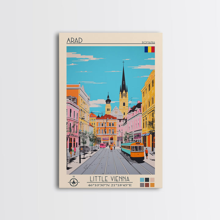 Arad Romania Travel Poster Framed Canvas Print, Midcentury Modern Art, Pop Art Wall Decor, Home Decor, Vacation Gift, Living Room Art
