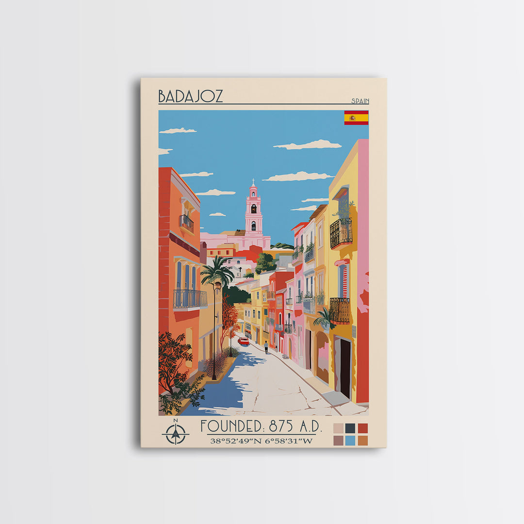 Badajoz Spain Travel Poster Framed Canvas Print, Midcentury Modern Art, Pop Art Wall Decor, Home Decor, Vacation Gift, Living Room Art