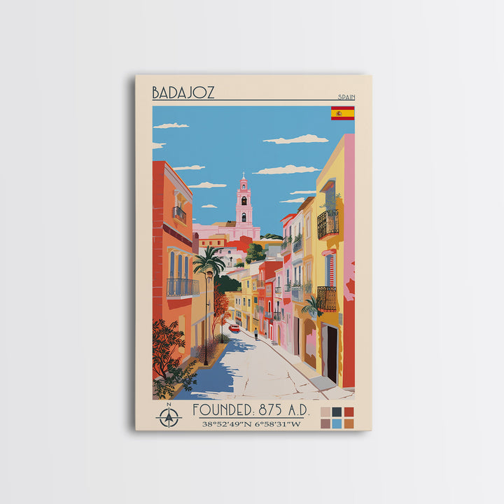 Badajoz Spain Travel Poster Framed Canvas Print, Midcentury Modern Art, Pop Art Wall Decor, Home Decor, Vacation Gift, Living Room Art