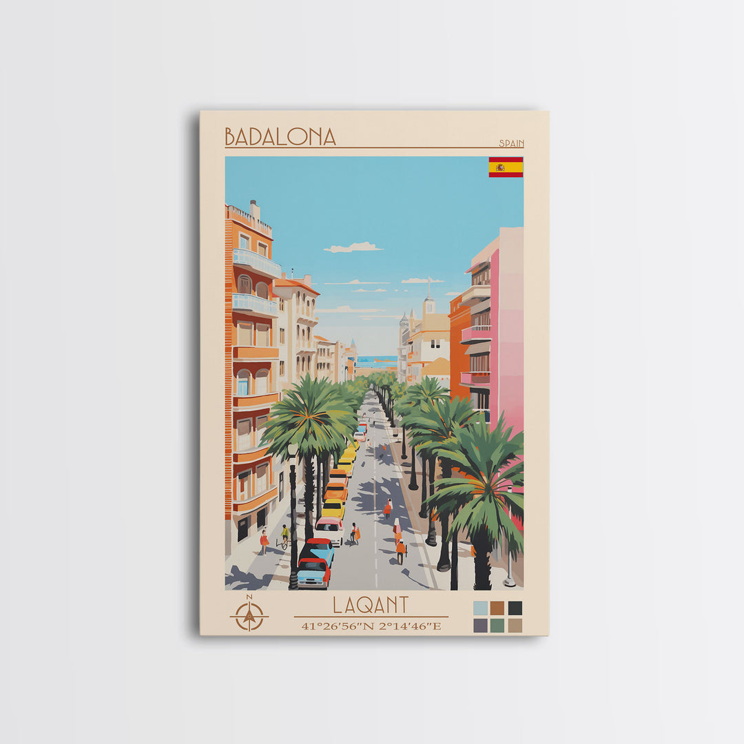 Badalona Spain Travel Poster Framed Canvas Print, Midcentury Modern Art, Pop Art Wall Decor, Home Decor, Vacation Gift, Living Room Art