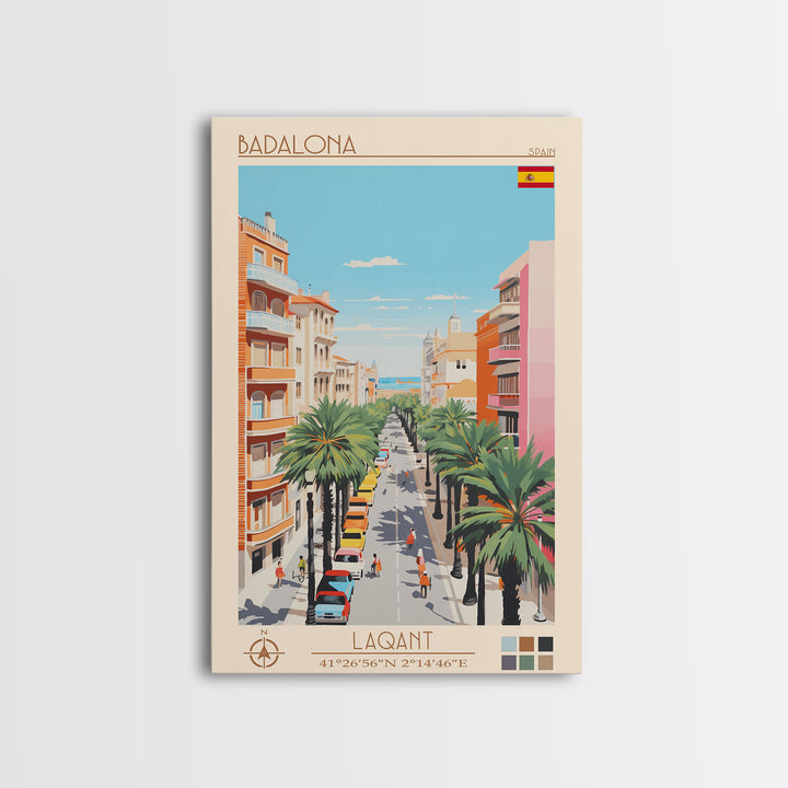 Badalona Spain Travel Poster Framed Canvas Print, Midcentury Modern Art, Pop Art Wall Decor, Home Decor, Vacation Gift, Living Room Art