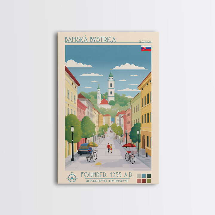 Banská Bystrica City in Slovakia Slovakia Travel Poster Framed Canvas Print, Midcentury Modern Art, Pop Art Wall Decor, Home Decor, Vacation Gift, Living Room Art