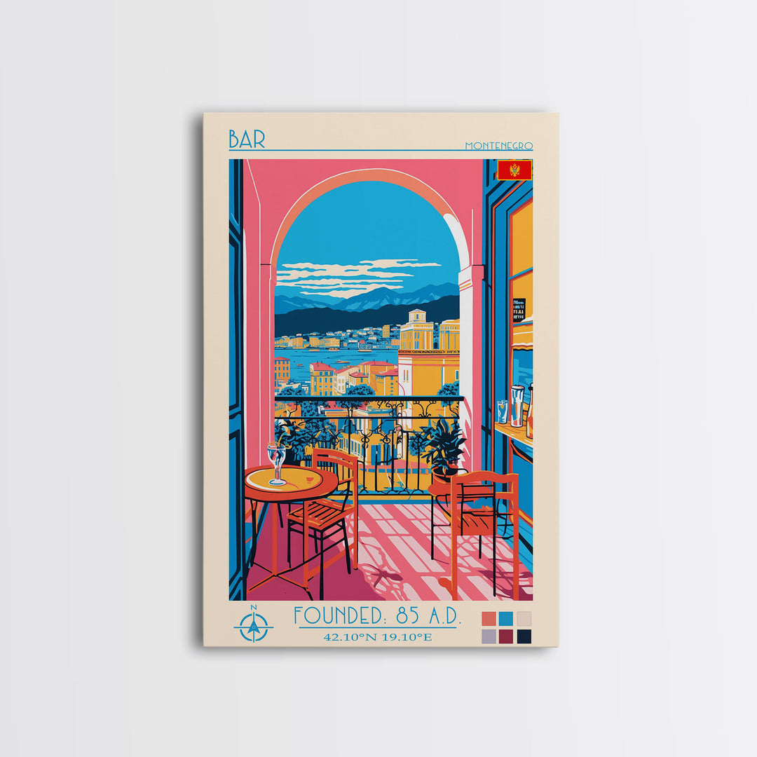 Bar Montenegro Travel Poster Framed Canvas Print, Midcentury Modern Art, Pop Art Wall Decor, Home Decor, Vacation Gift, Living Room Art