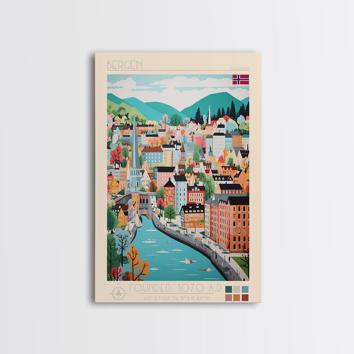 Bergen Norway Travel Poster Framed Canvas Print, Midcentury Modern Art, Pop Art Wall Decor, Home Decor, Vacation Gift, Living Room Art
