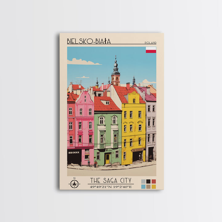 Bielsko-Biała Poland Travel Poster Framed Canvas Print, Vintage Style, Pop Art Home Decor, Scenic Wall Art, Living Room Decoration