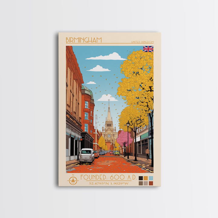 Birmingham UK Travel Poster Framed Canvas Print, Midcentury Modern Art, Pop Art Wall Decor, Home Decor, Living Room Decoration