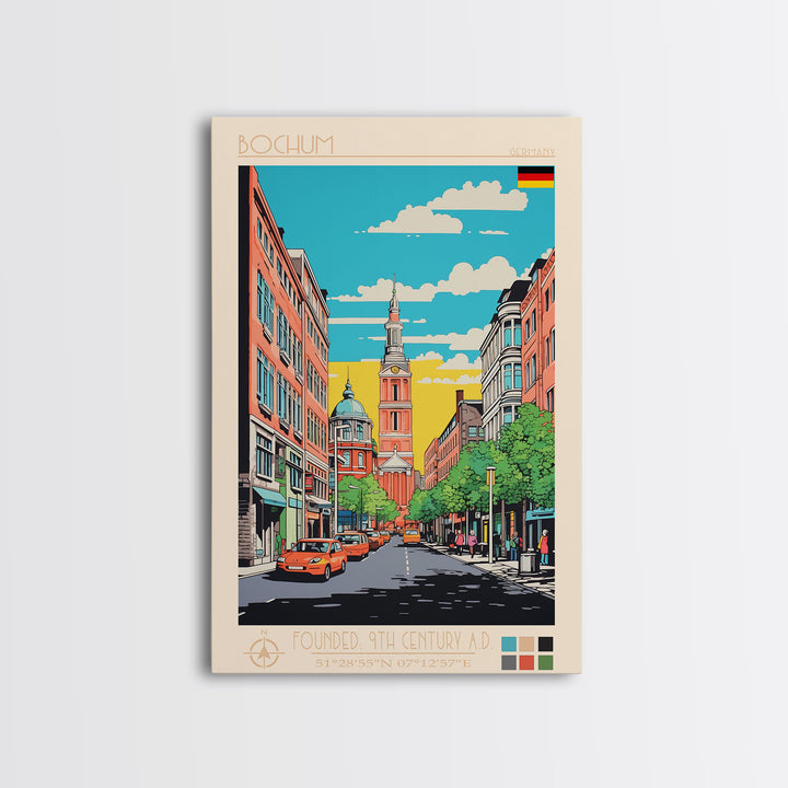 Bochum Germany Travel Poster Framed Canvas Print, Midcentury Modern Art, Pop Art Wall Decor, Home Decor, Living Room Art, Scenic View
