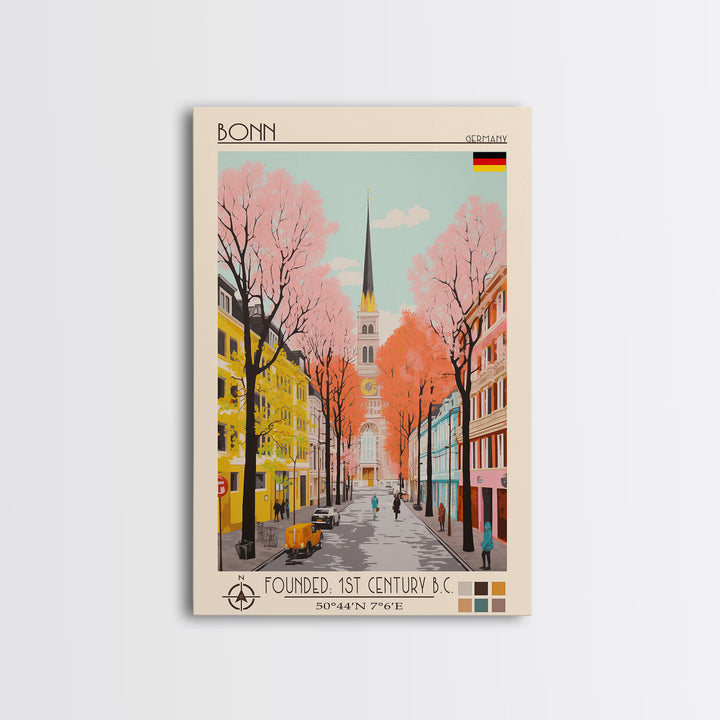 Bonn Germany Travel Poster Framed Canvas Print, Midcentury Modern Art, Pop Art Wall Decor, Home Decor, Living Room Art, Cultural Gift