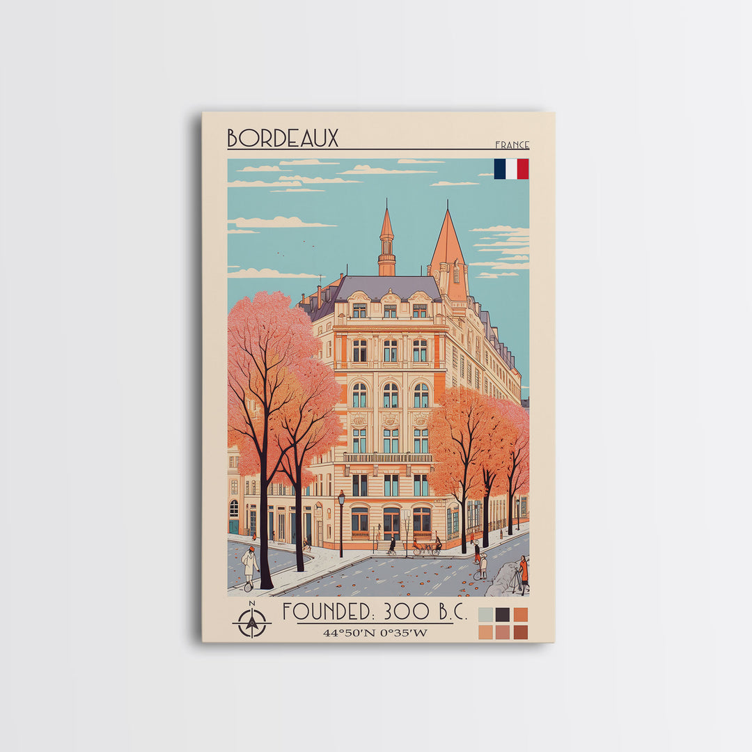 Bordeaux France Travel Poster Framed Canvas Print, Midcentury Modern Art, Pop Art Home Decor, Scenic Wall Art, Living Room Decoration