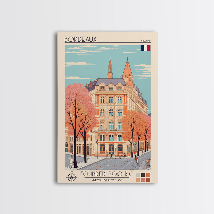Bordeaux France Travel Poster Framed Canvas Print, Midcentury Modern Art, Pop Art Home Decor, Scenic Wall Art, Living Room Decoration