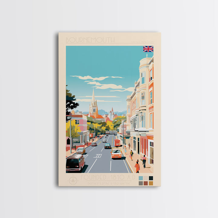 Bournemouth United Kingdom Travel Poster Framed Canvas Print, Midcentury Modern Art, Pop Art Wall Decor, Scenic Wall Art, Living Room Art