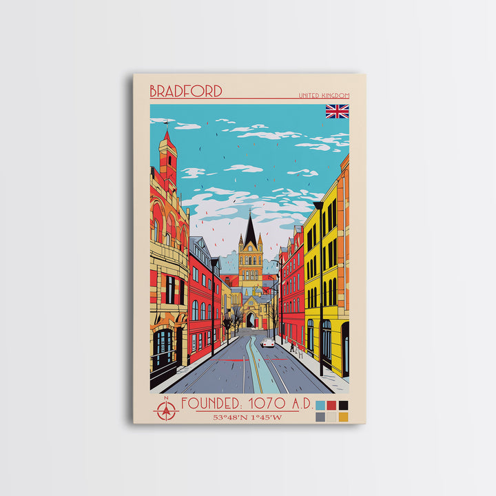 Bradford United Kingdom Travel Poster Framed Canvas Print, Midcentury Modern Art, Pop Art Wall Decor, Home Decor, Vacation Gift, Living Room Art