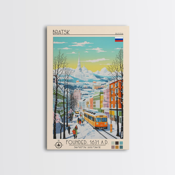 Bratsk Russia Travel Poster Framed Canvas Print, Midcentury Modern Art, Pop Art Wall Decor, Home Decor, Vacation Gift, Living Room Art