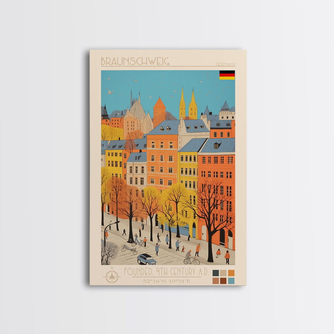 Braunschweig Germany Travel Poster Framed Canvas Print, Midcentury Modern Art, Pop Art Wall Decor, Scenic Wall Art, Home Decor, Living Room Art