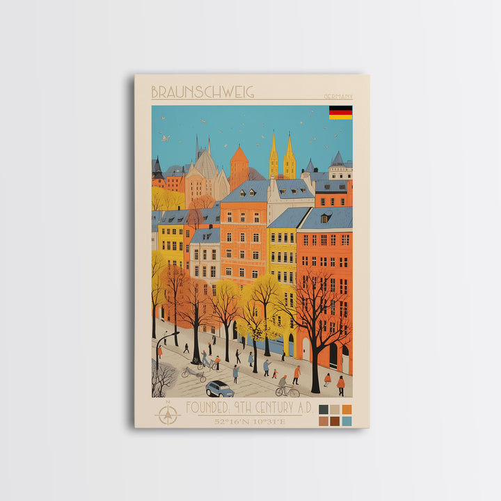 Braunschweig Germany Travel Poster Framed Canvas Print, Midcentury Modern Art, Pop Art Wall Decor, Scenic Wall Art, Home Decor, Living Room Art