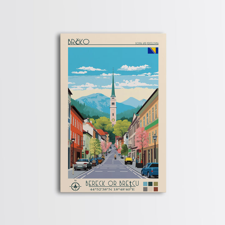 Brčko Bosnia and Herzegovina Travel Poster Framed Canvas Print, Midcentury Modern Art, Pop Art Wall Decor, Home Decor, Living Room Art