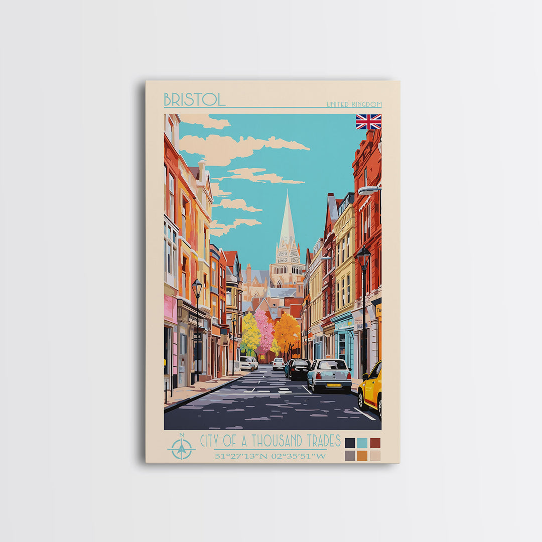 Bristol United Kingdom Travel Poster Framed Canvas Print, Midcentury Modern Art, Pop Art Wall Decor, Scenic Wall Art, Living Room Art